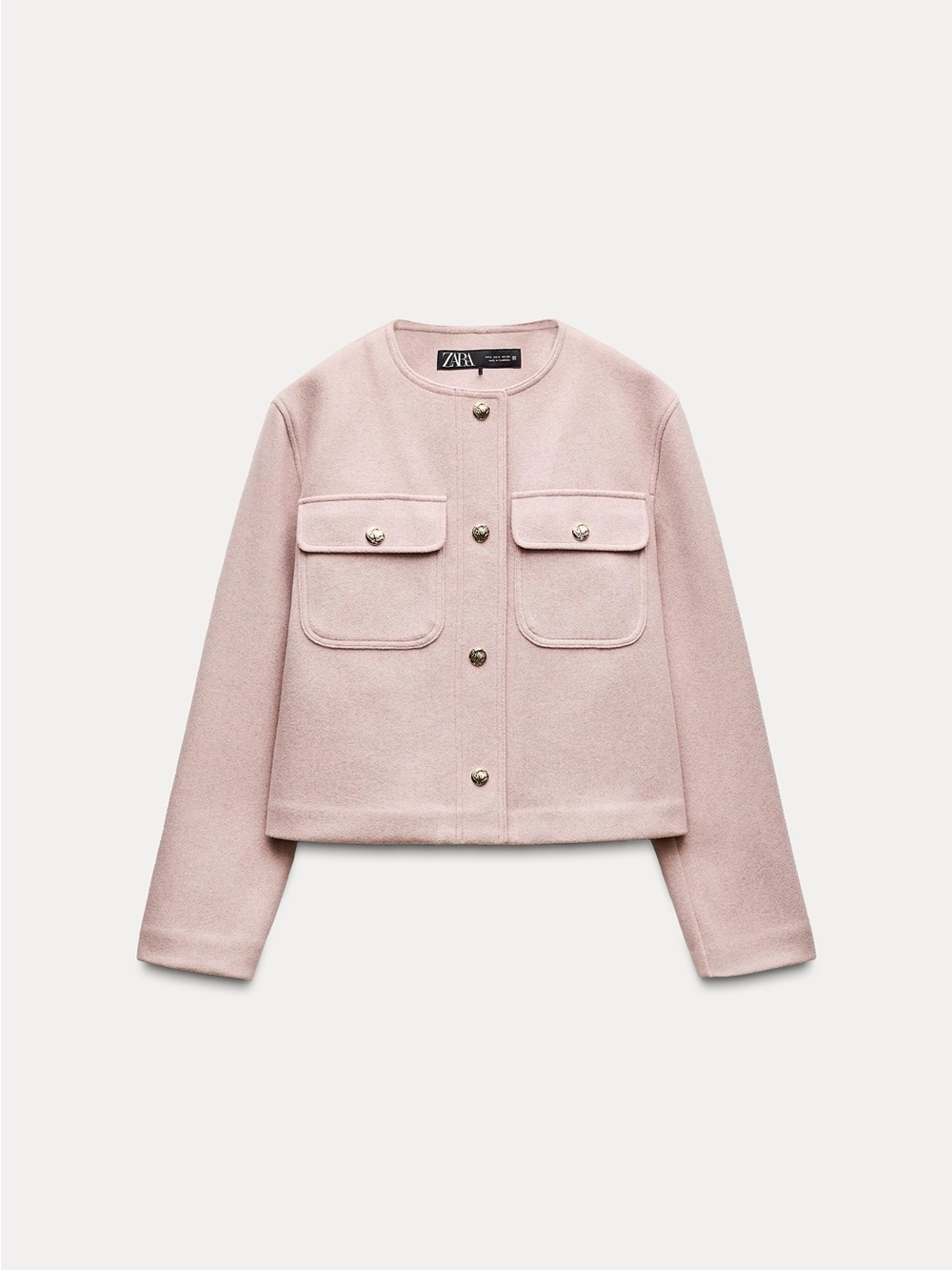Zara Light Pink Round-Neck Cropped Wool Jacket